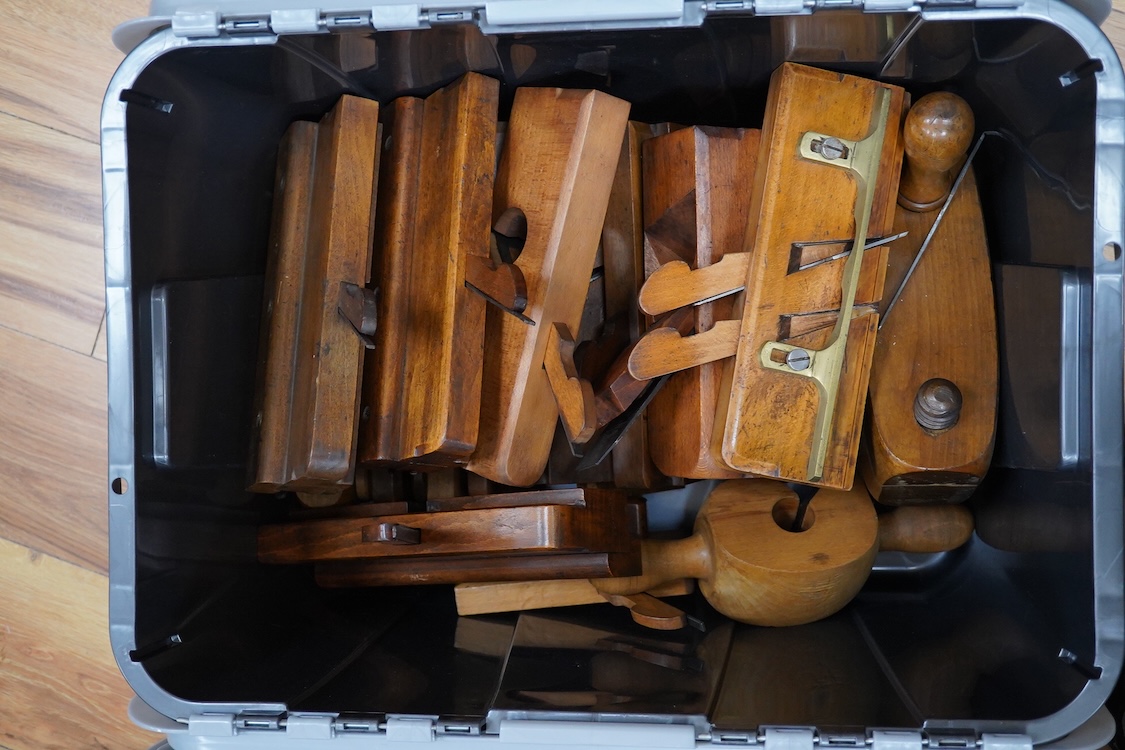 Fifty early 20th century woodworking moulding planes, etc. by John Moseley & Son, London, A.Mathieson & Son, Glasgow, Buck, Tottenham Court Road, Preston, Christopher Johnson & Co., Malloch & Son, Perth, most with the bo